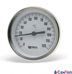 Биметаллический термометр для котла WATTS F+R801 OR (100 мм, 0-120 °C) аксиальный с погружной гильзой (75 мм, 1/2
